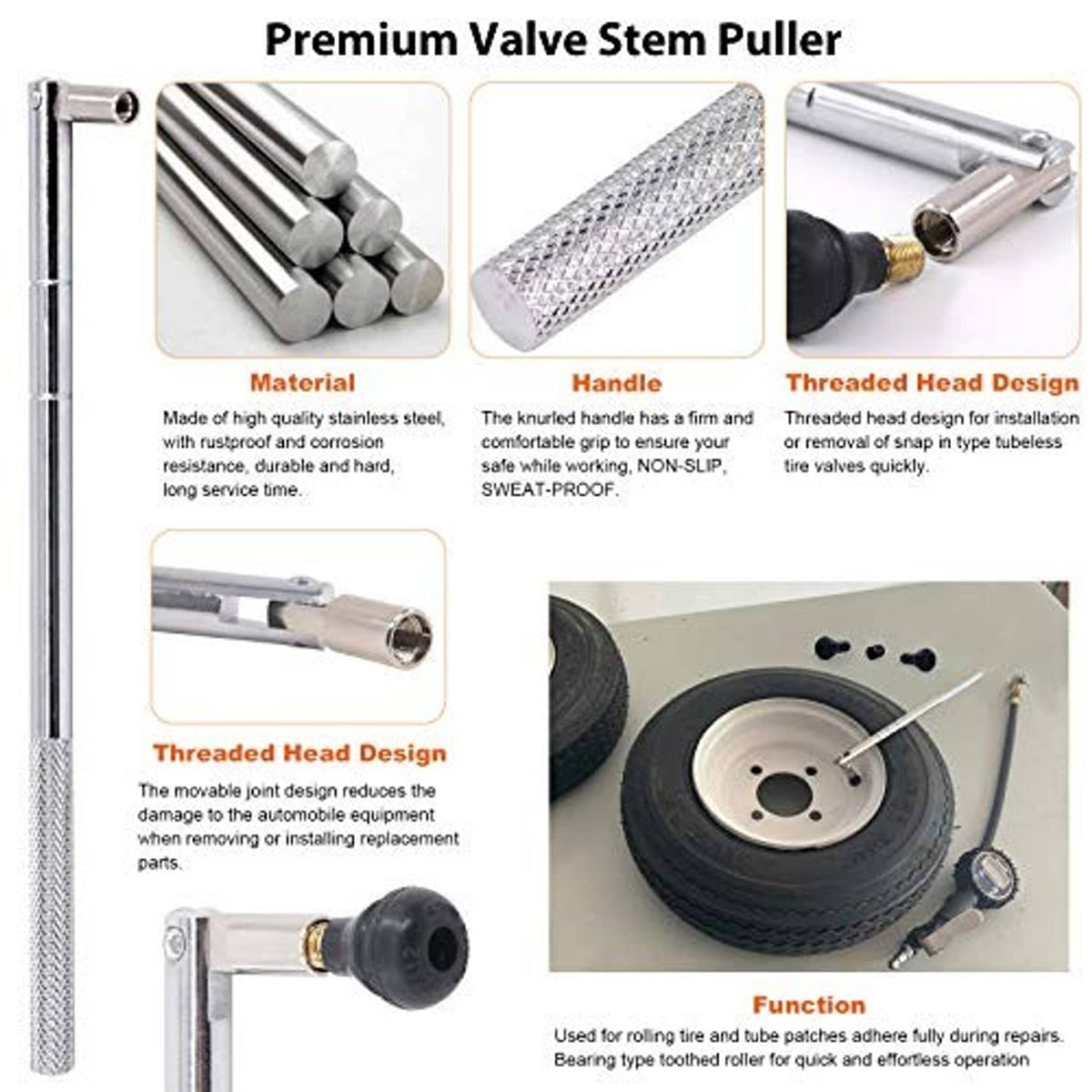 Premium valve stem puller tool with knurled handle and threaded head