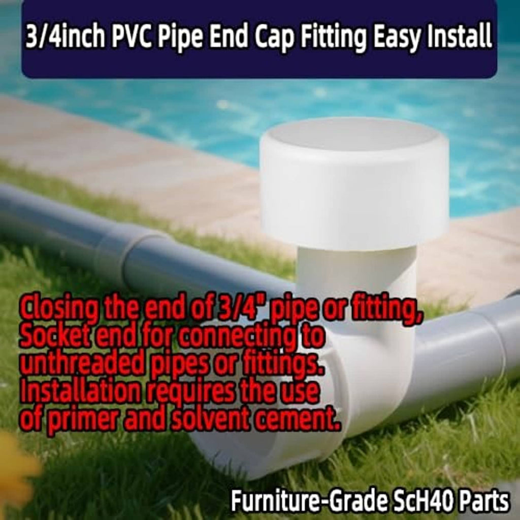 White PVC 3/4-inch pipe end cap fitting installed on pipe ends, Schedule 40