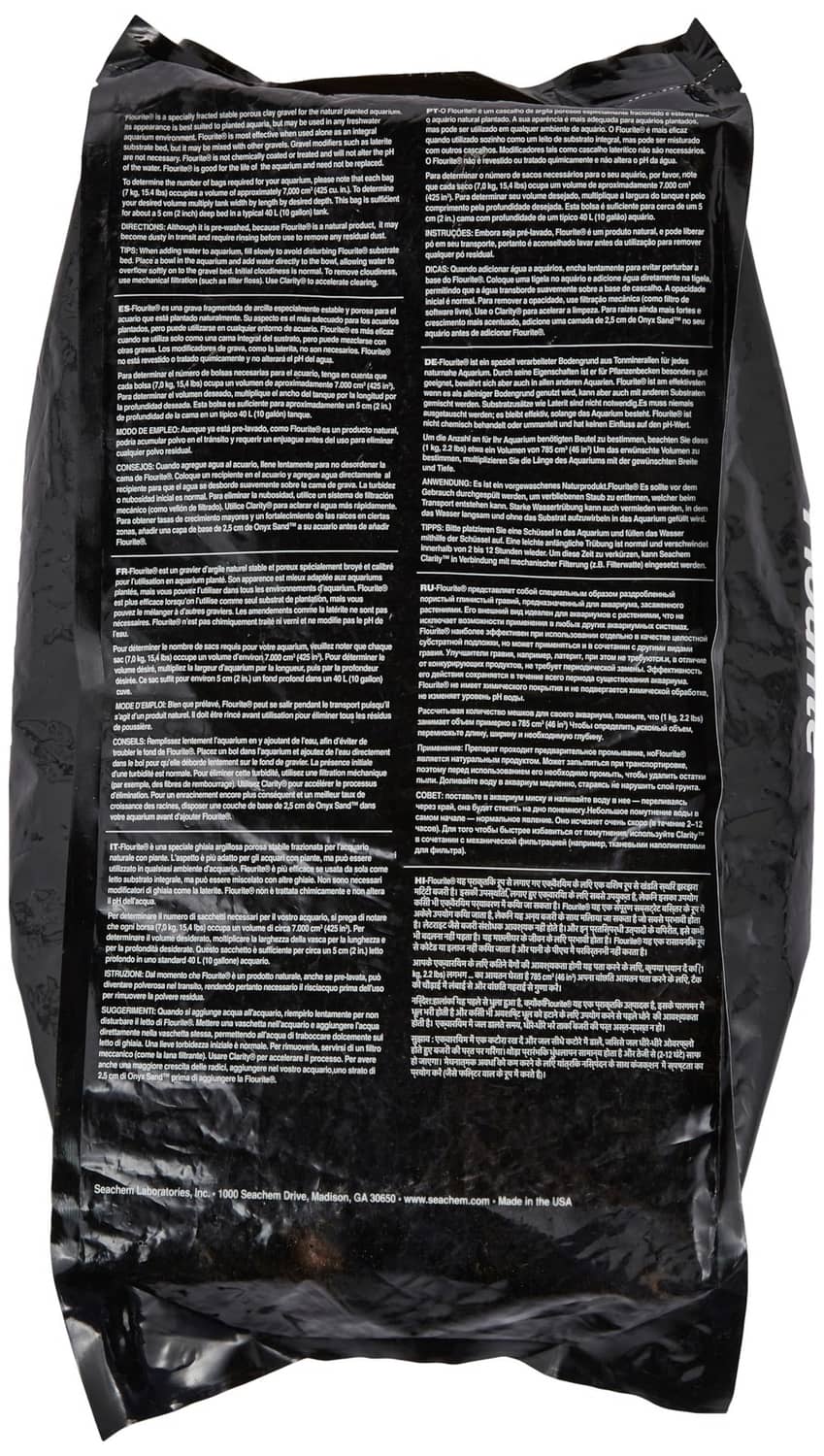 Aquarium substrate bag back panel with dense product information text