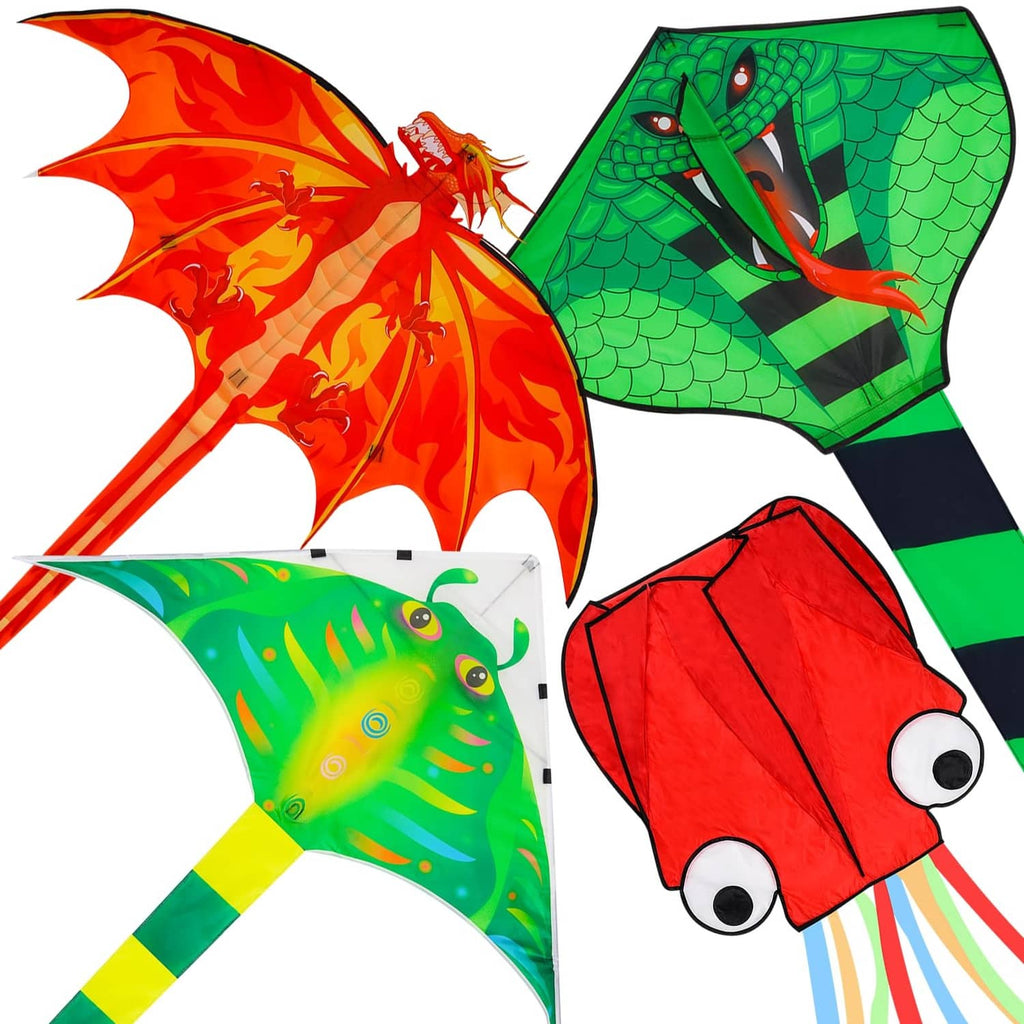 Colorful animal kite set with flame dragon, green snake, red fish, and octopus designs