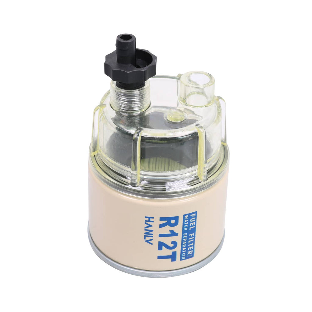 R12T spin-on fuel filter water separator with clear top bowl and threaded metal center