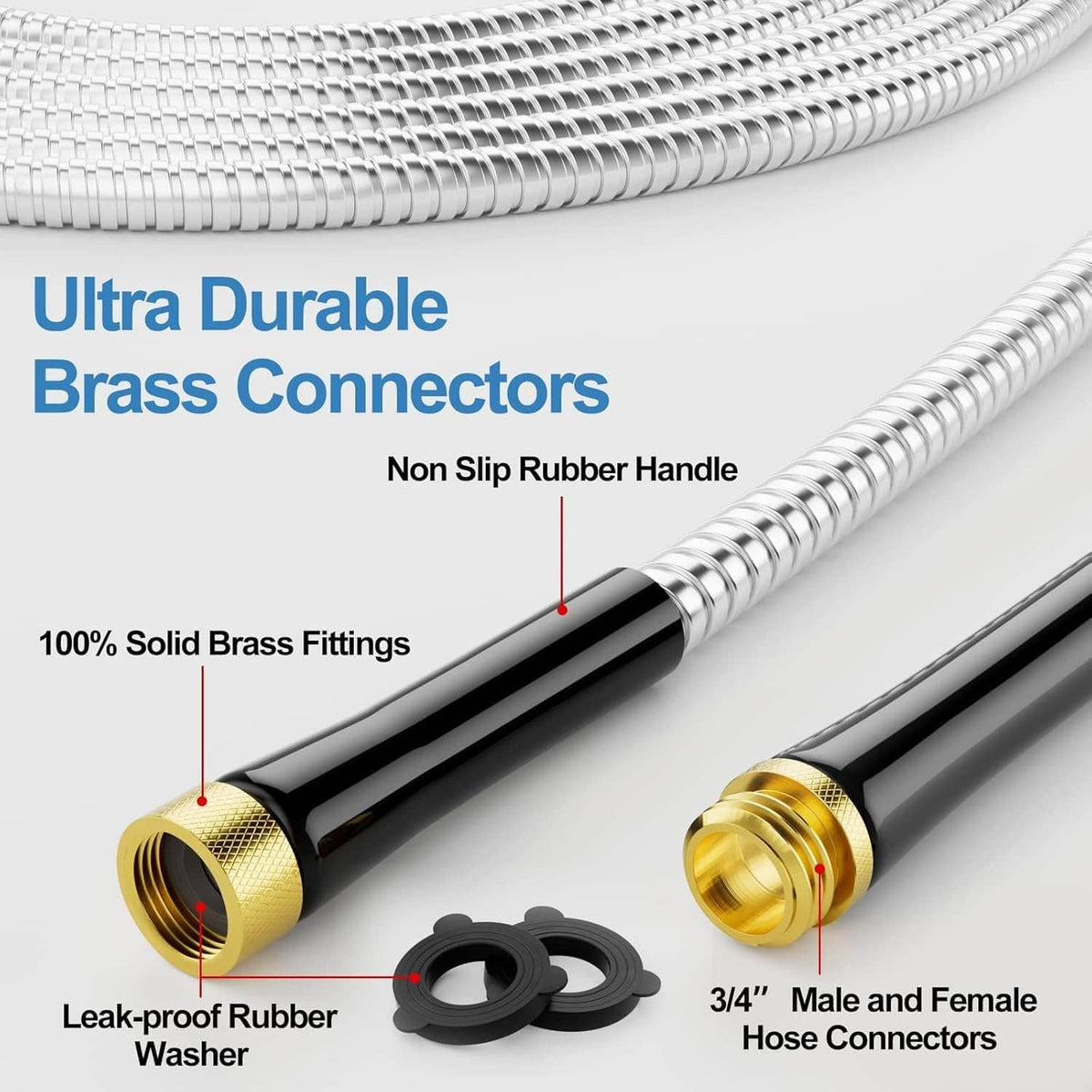 Flexible metal hose with brass connectors and black rubber handle grip