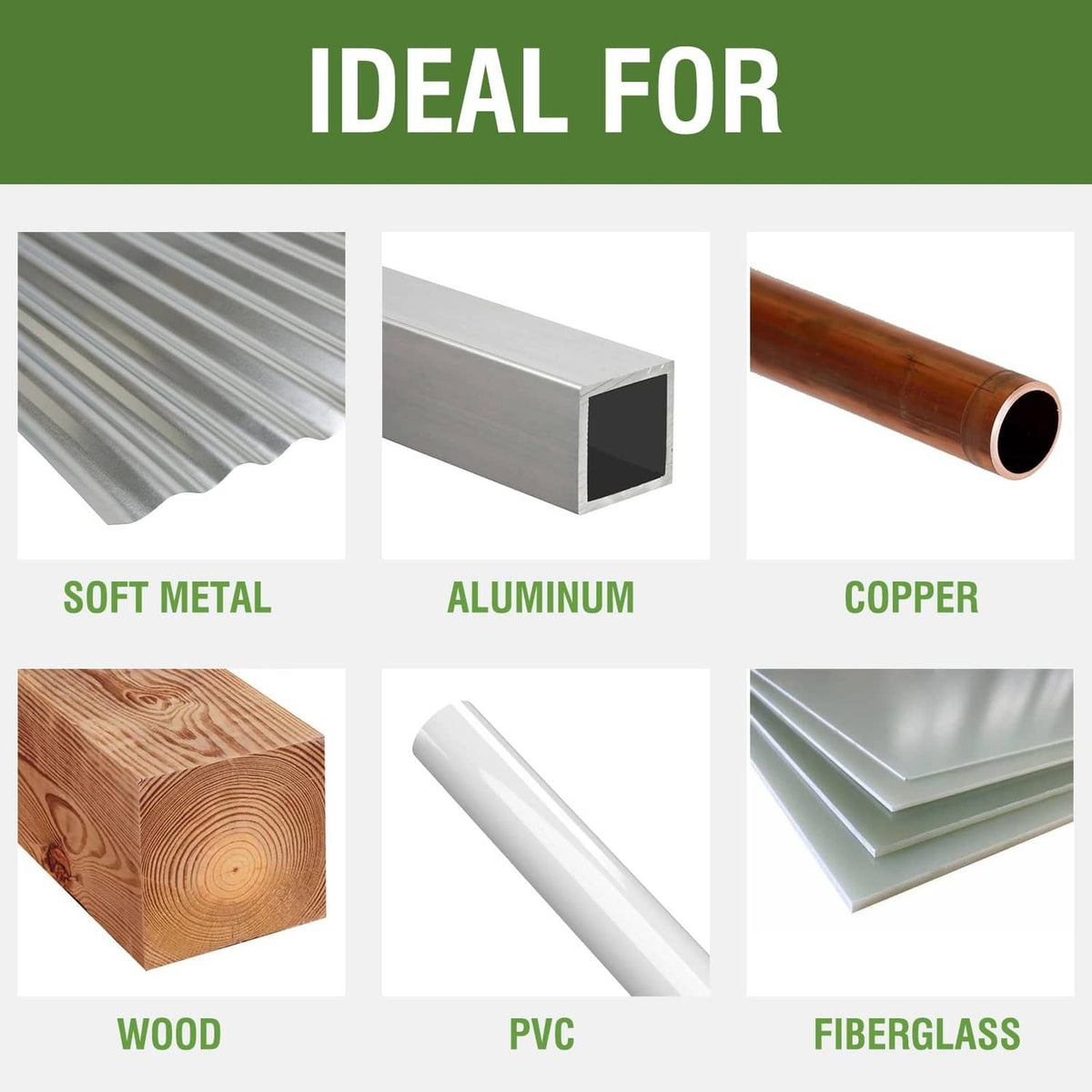 Long drill bit use icons: soft metal, aluminum, copper, wood, PVC, fiberglass