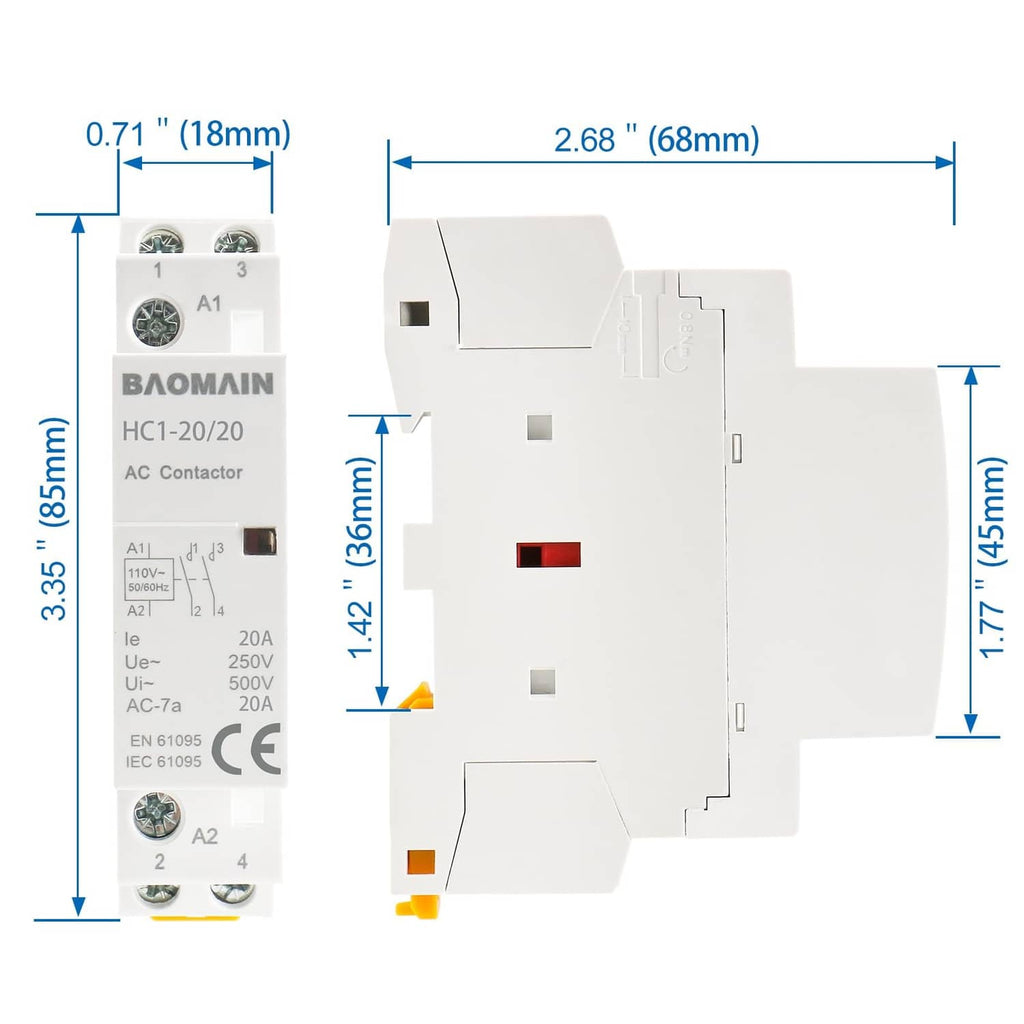 BAOMAIN HC1-20/20 AC contactor, size dimensions with 2-pole white body