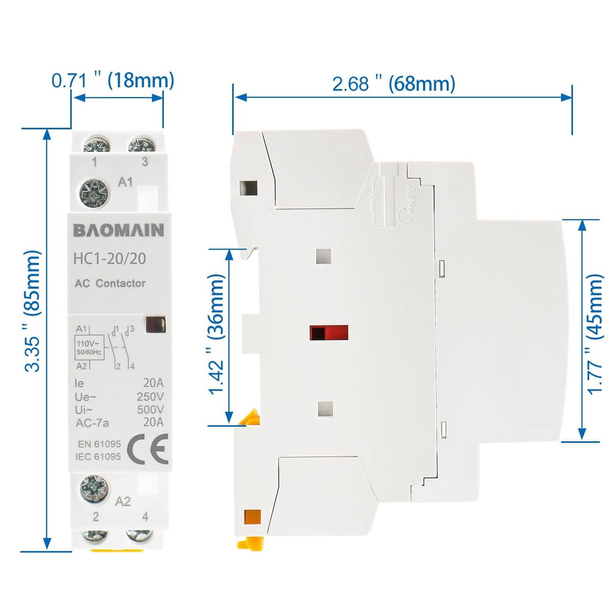 BAOMAIN HC1-20/20 AC contactor, size dimensions with 2-pole white body