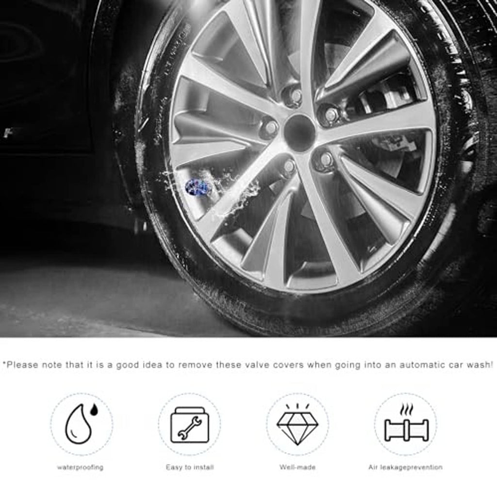Blue skull tire valve cap on wheel rim valve stem, rubber seal included