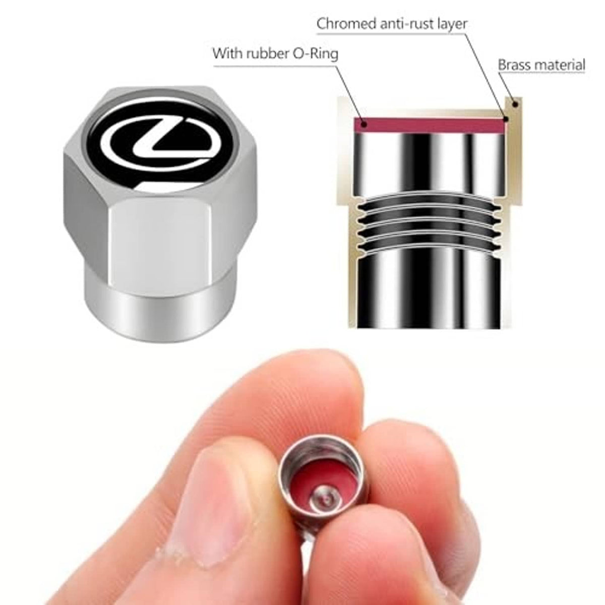 Silver hex valve stem cap with Lexus logo, rubber O-ring and anti-rust layer