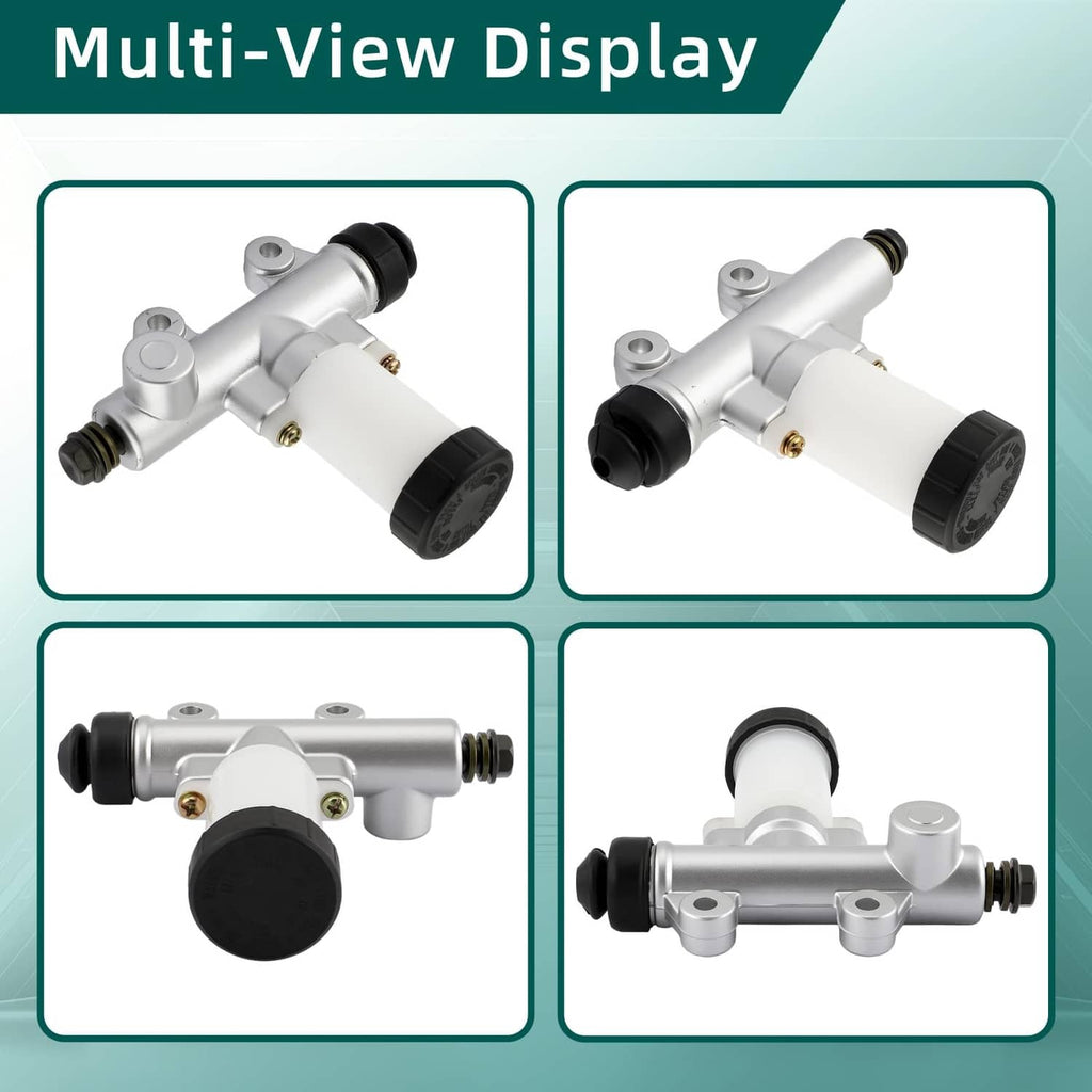 Go-kart brake master cylinder shown from multiple angles, silver body and black cap