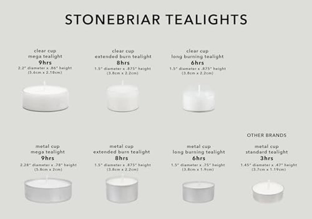 Stonebriar tea light candles size chart showing white cups and wick candles