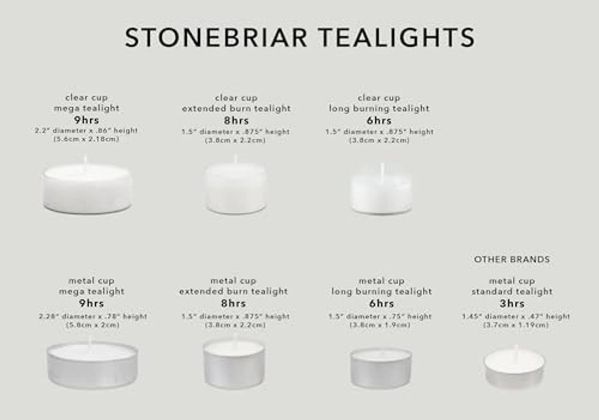 Stonebriar tea light candles size chart showing white cups and wick candles