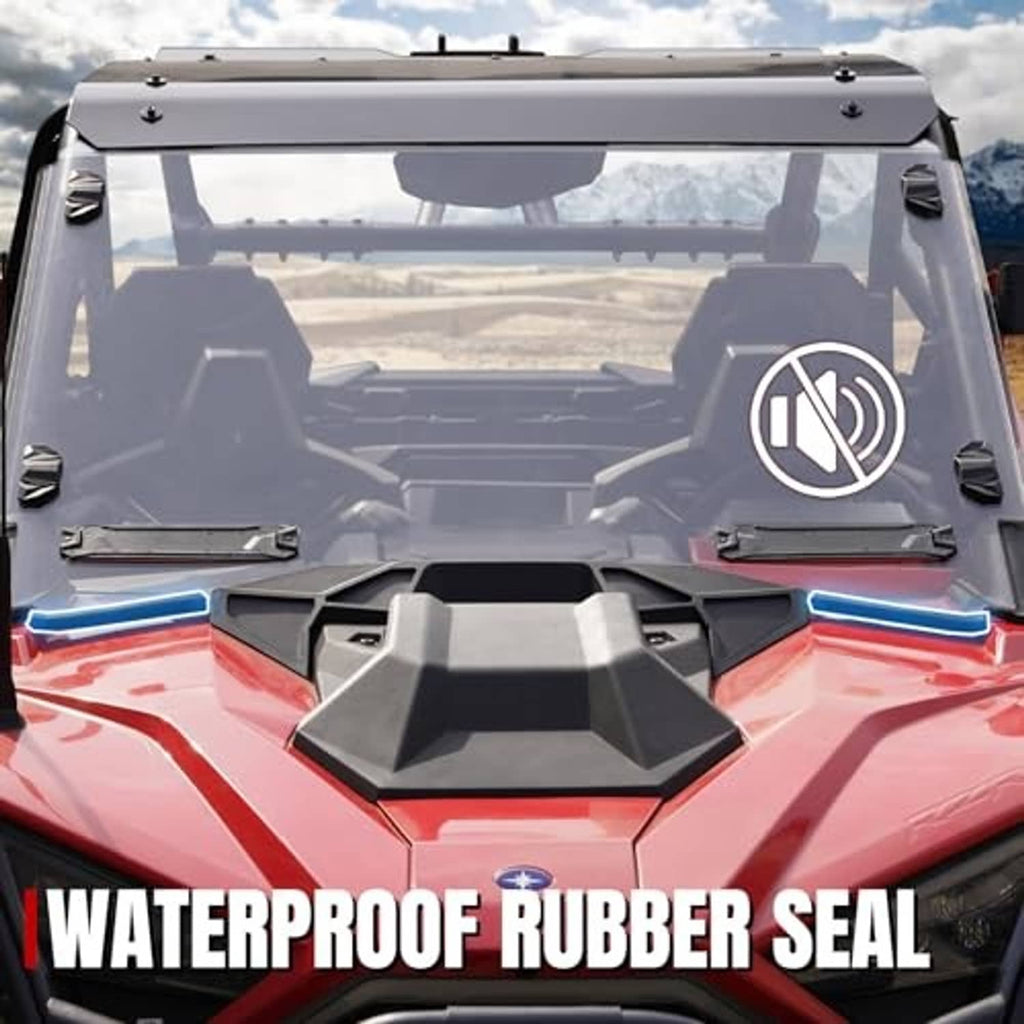 Front windshield with black rubber seal and tinted panel for UTV cab protection