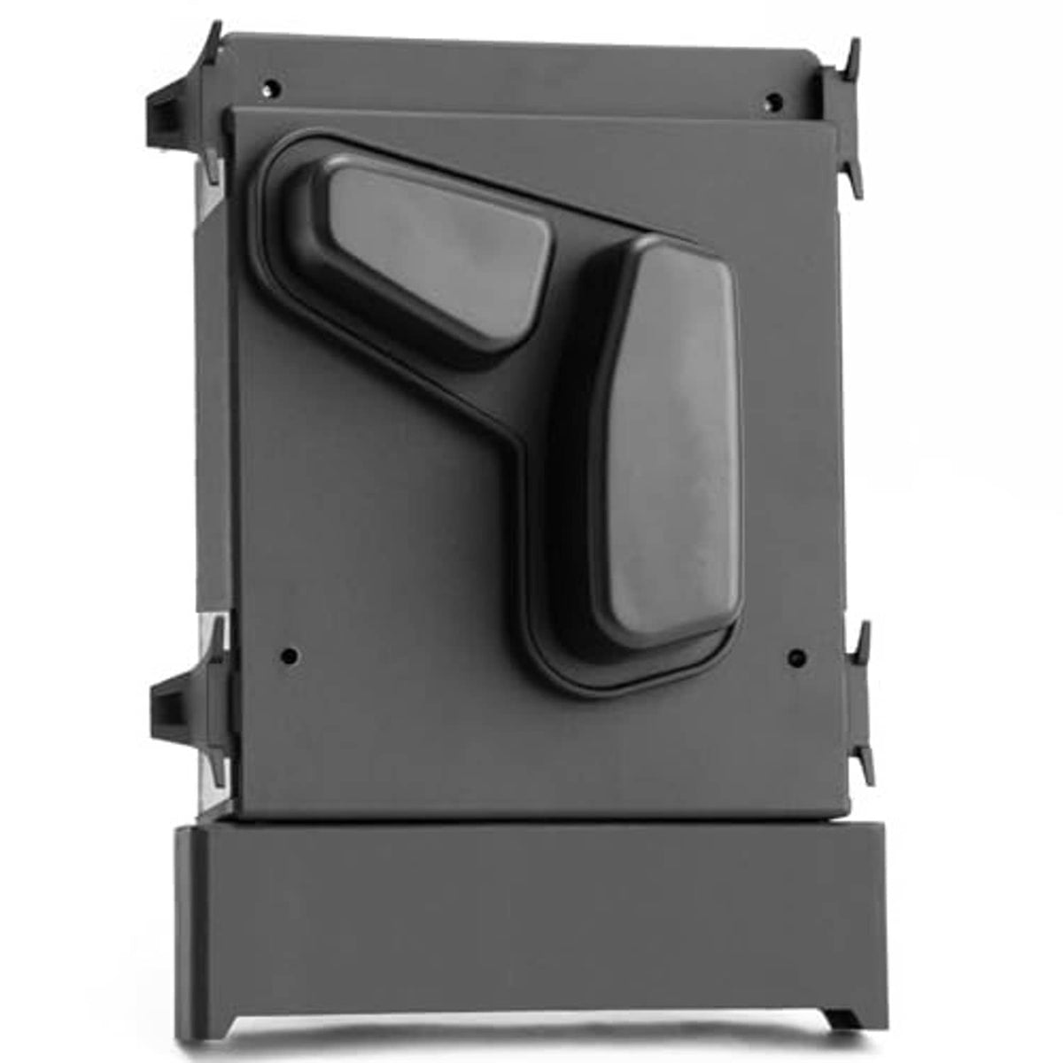 Driver-side power seat switch module front view with two button windows on dark gray