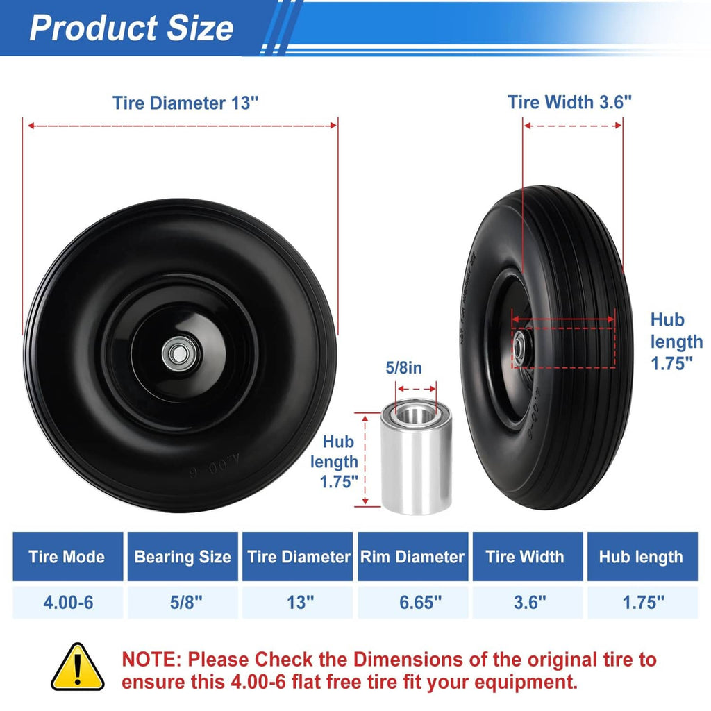Flat-free wheel tire dimensions: 13 in diameter, 3.6 in width, 5/8 in axle