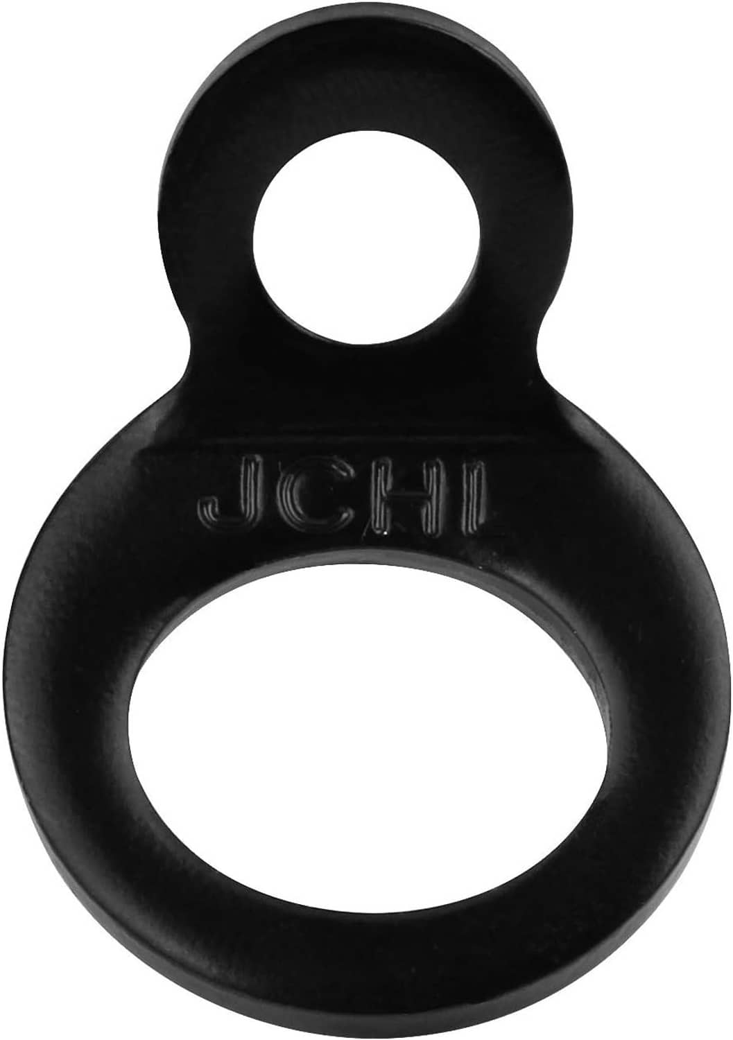 Black tie-down strap ring anchor, close-up of two connected oval loops