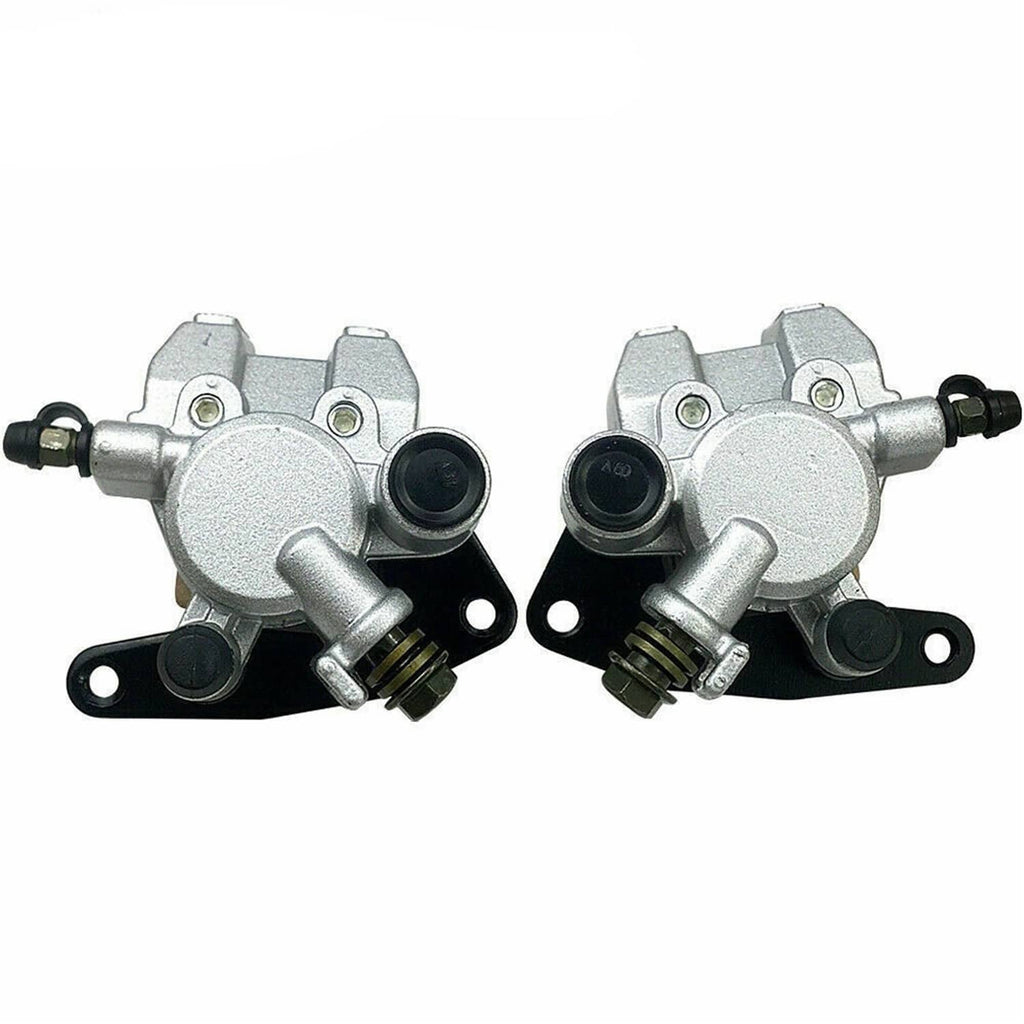Front brake calipers pair, silver metal with black hoses, brackets, and rubber covers