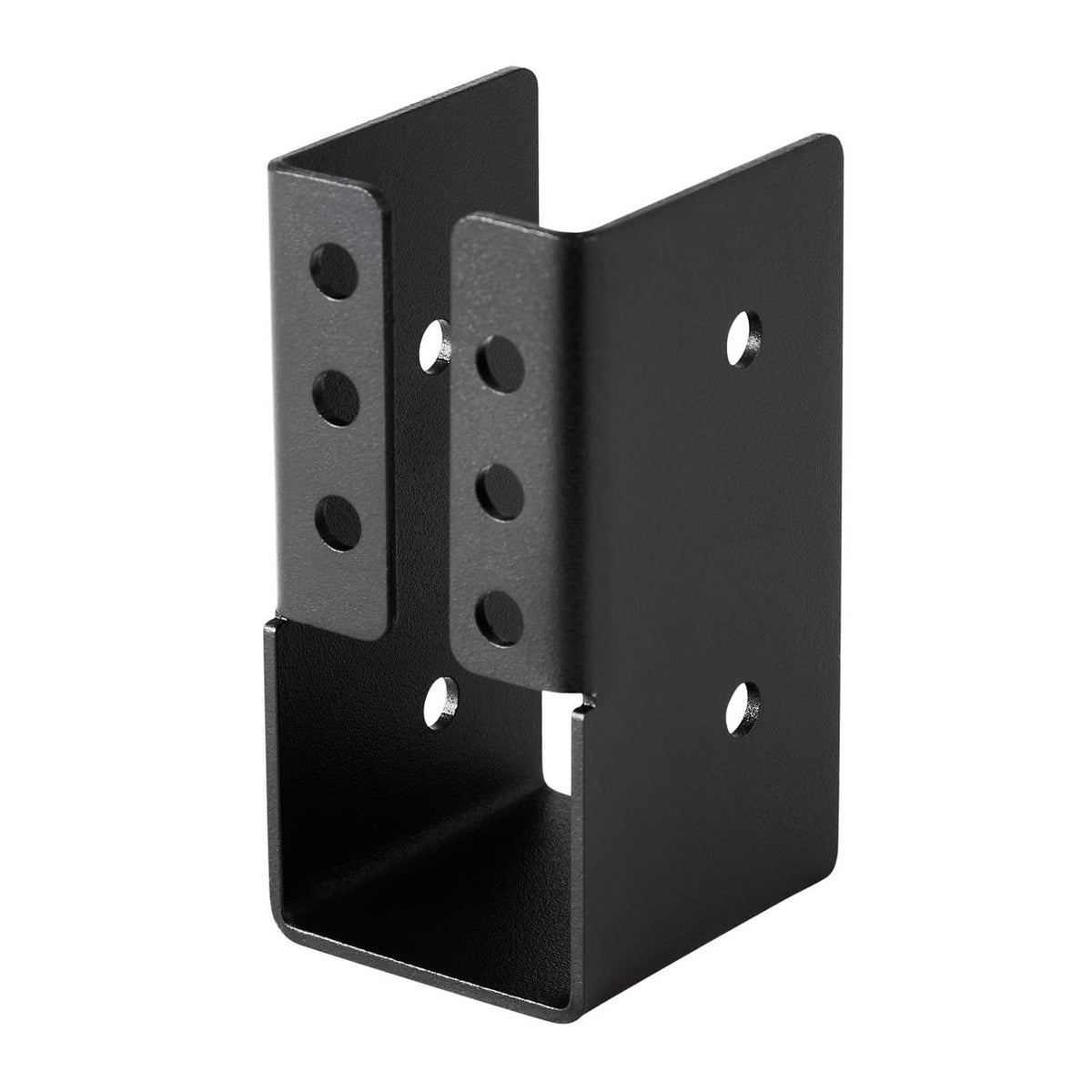 Concealed beam joist hanger bracket, dark gray/black steel with drilled mounting holes