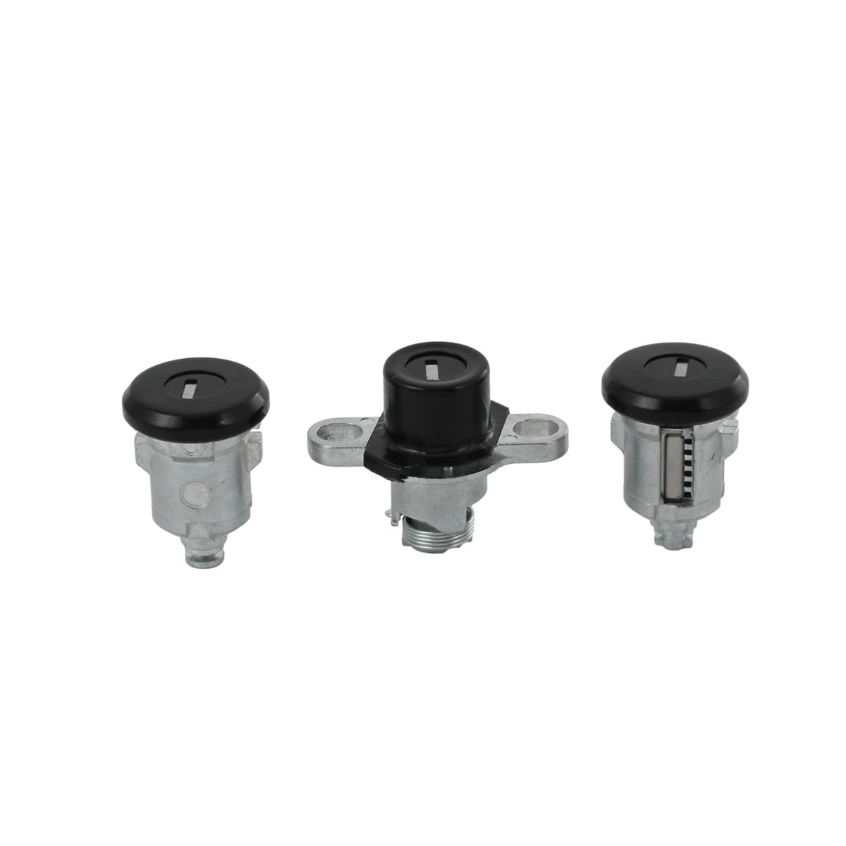 Three-piece lock cylinder set with black caps and silver mounting bases