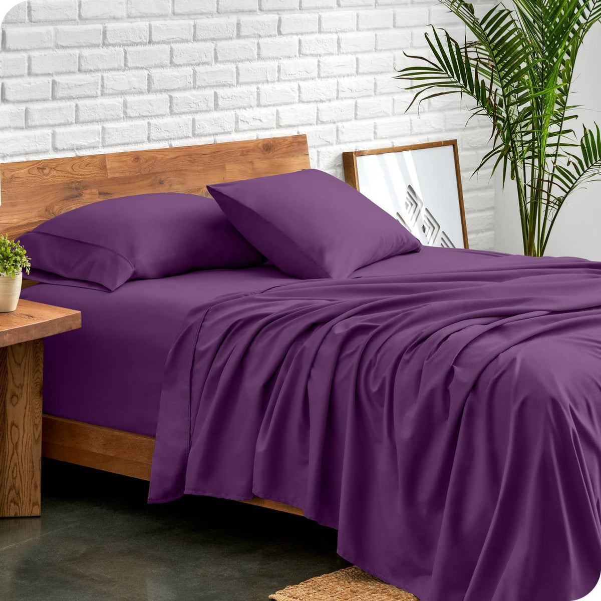 Plum twin bed linen set with fitted and flat sheets plus two matching pillowcases