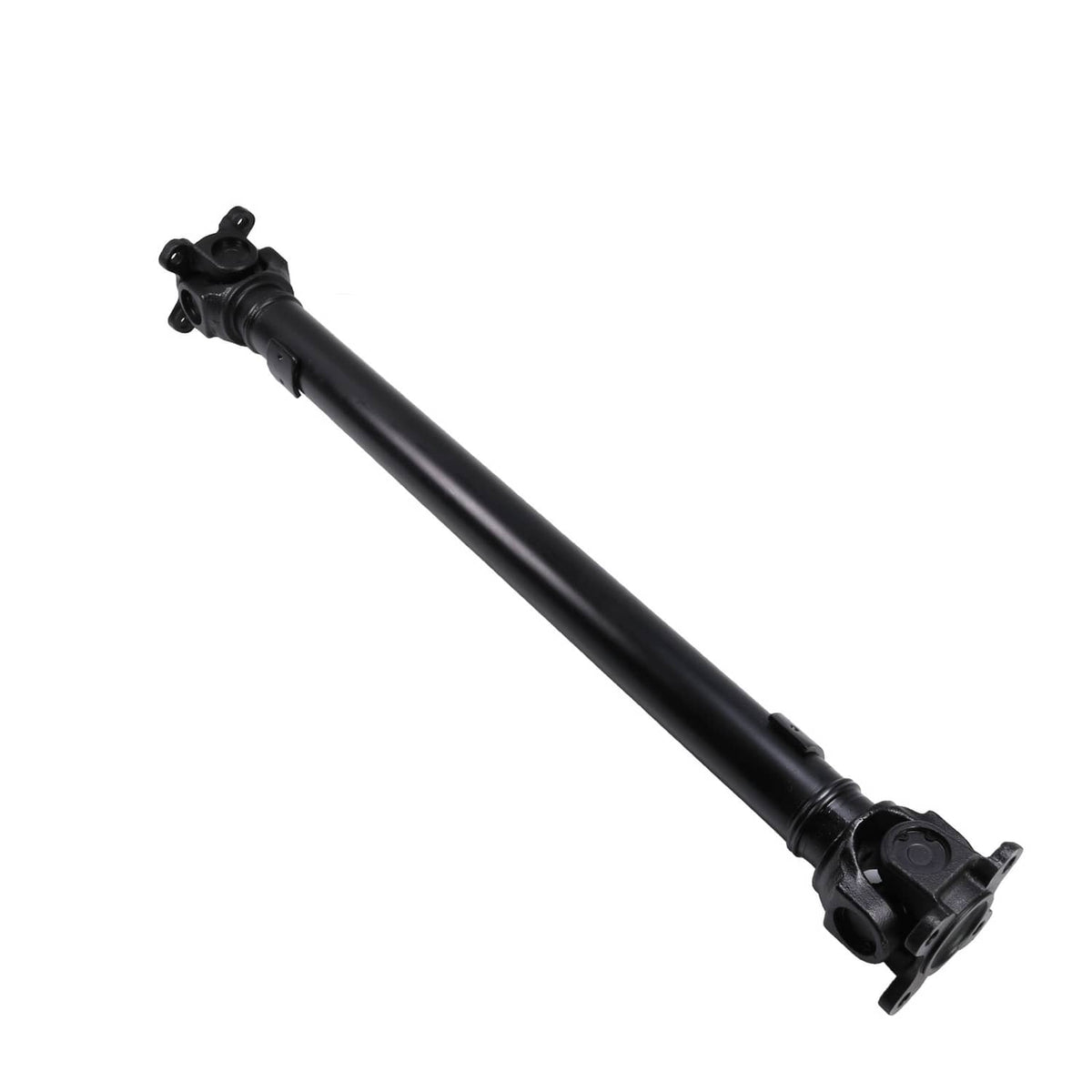 Front driveshaft prop shaft with black tube and mounting yokes, angled view