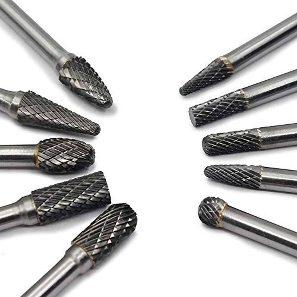 Tungsten carbide burr set angled view showing double-cut bit heads and shanks