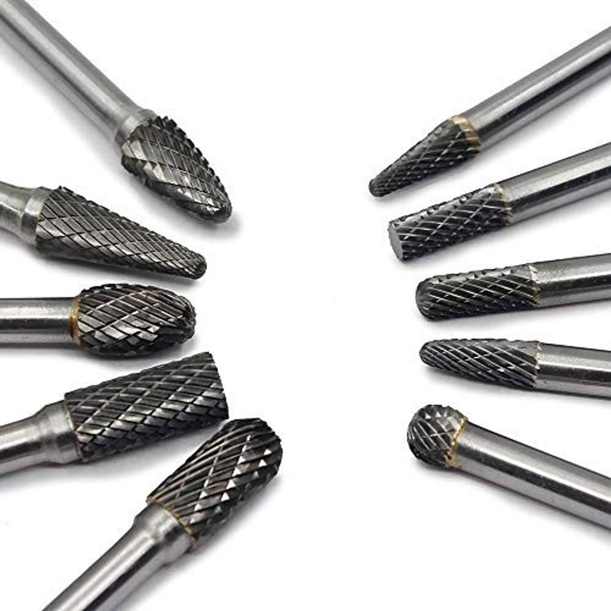 Tungsten carbide burr set angled view showing double-cut bit heads and shanks