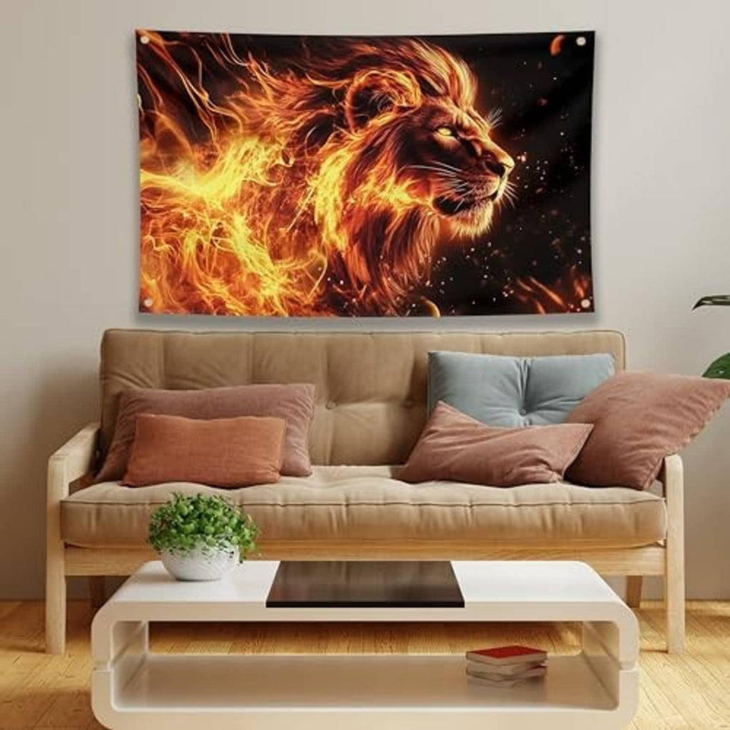 Lion flame polyester flag with black background and brass grommets, close-up full design