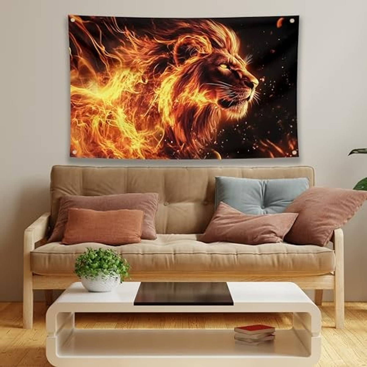 Lion flame polyester flag with black background and brass grommets, close-up full design