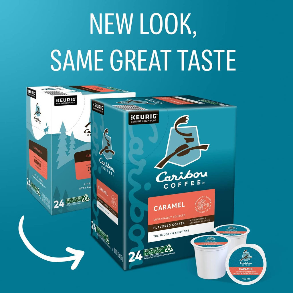 Caribou Coffee Caramel flavored KEURIG K-Cup pods 24-count box and cups
