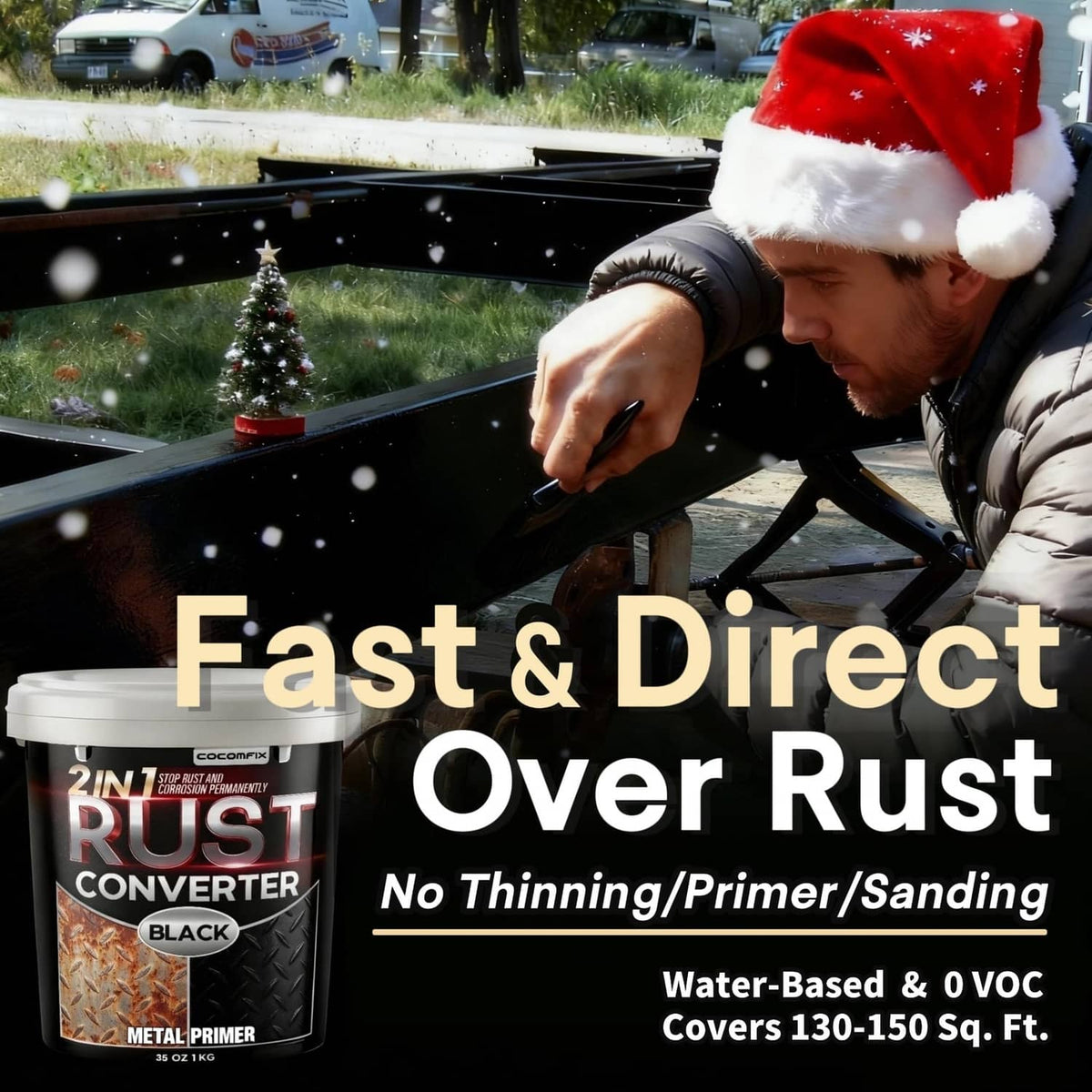 Black rust converter paint can next to hand applying coating outdoors