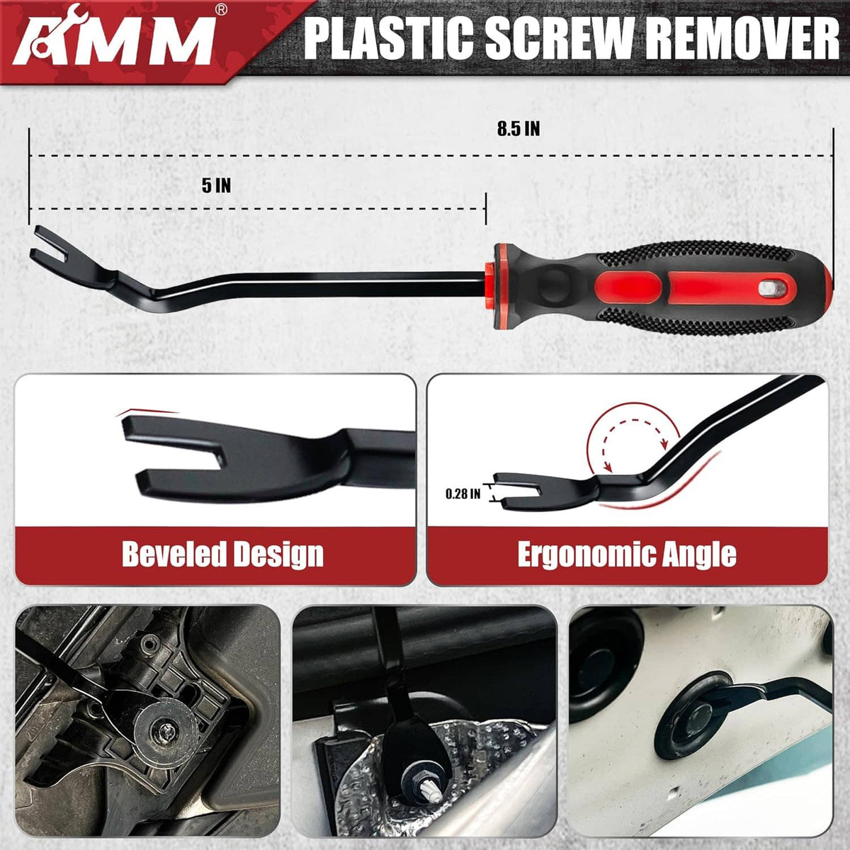 Plastic screw remover tool with curved metal prongs and red-and-black handle