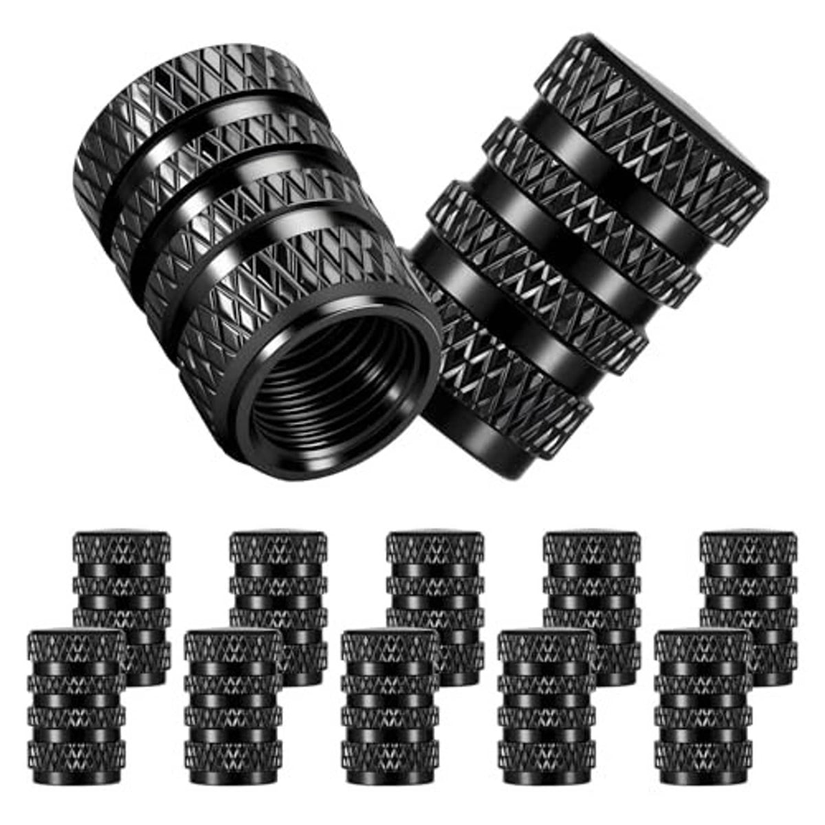 Pack of black knurled tire valve stem caps, 12 pieces total, angled group view