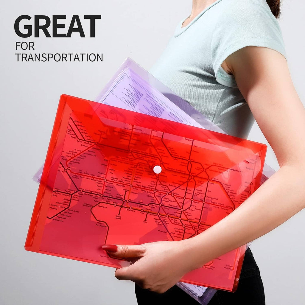 Red translucent A4 file envelope with snap closure, held with documents inside