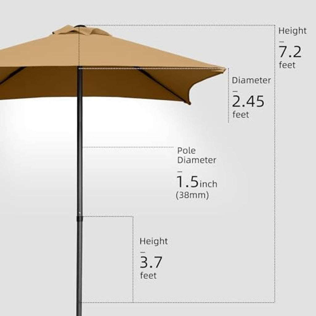 Tan mini square patio umbrella with tall black pole and open cantilevered canopy