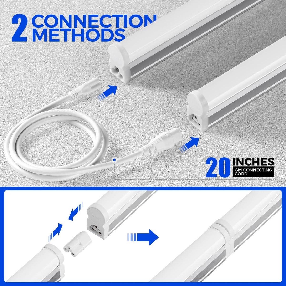 T5 LED light fixture with 20-inch connecting cord and plug connection points