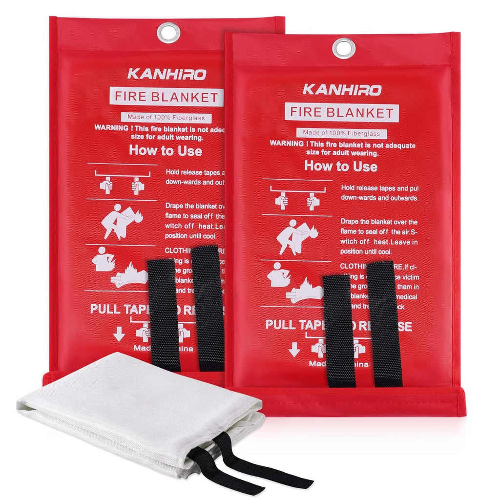 Kanhiro red fire blanket pouch with folded white blanket and black pull straps