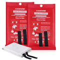Kanhiro red fire blanket pouch with folded white blanket and black pull straps