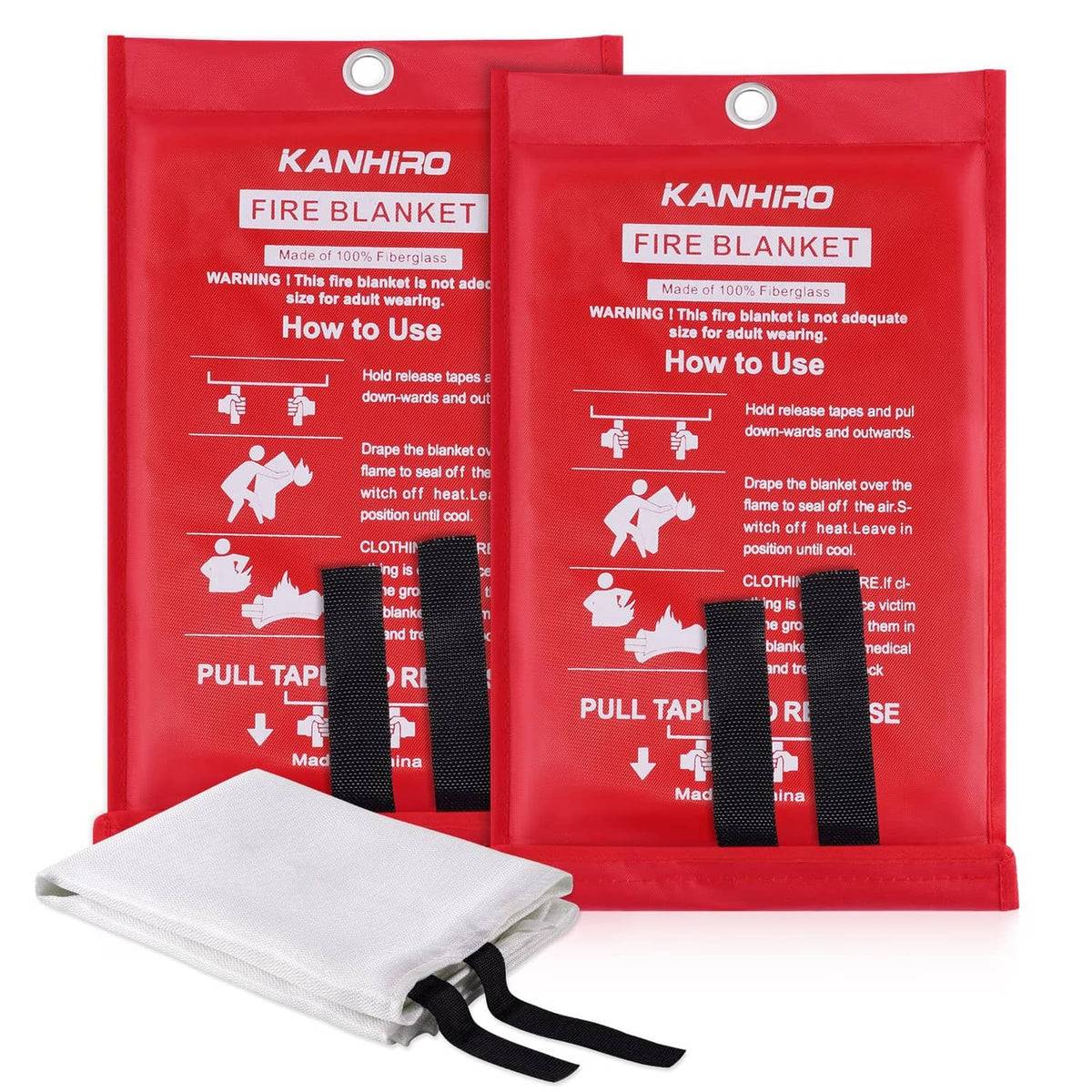 Kanhiro red fire blanket pouch with folded white blanket and black pull straps