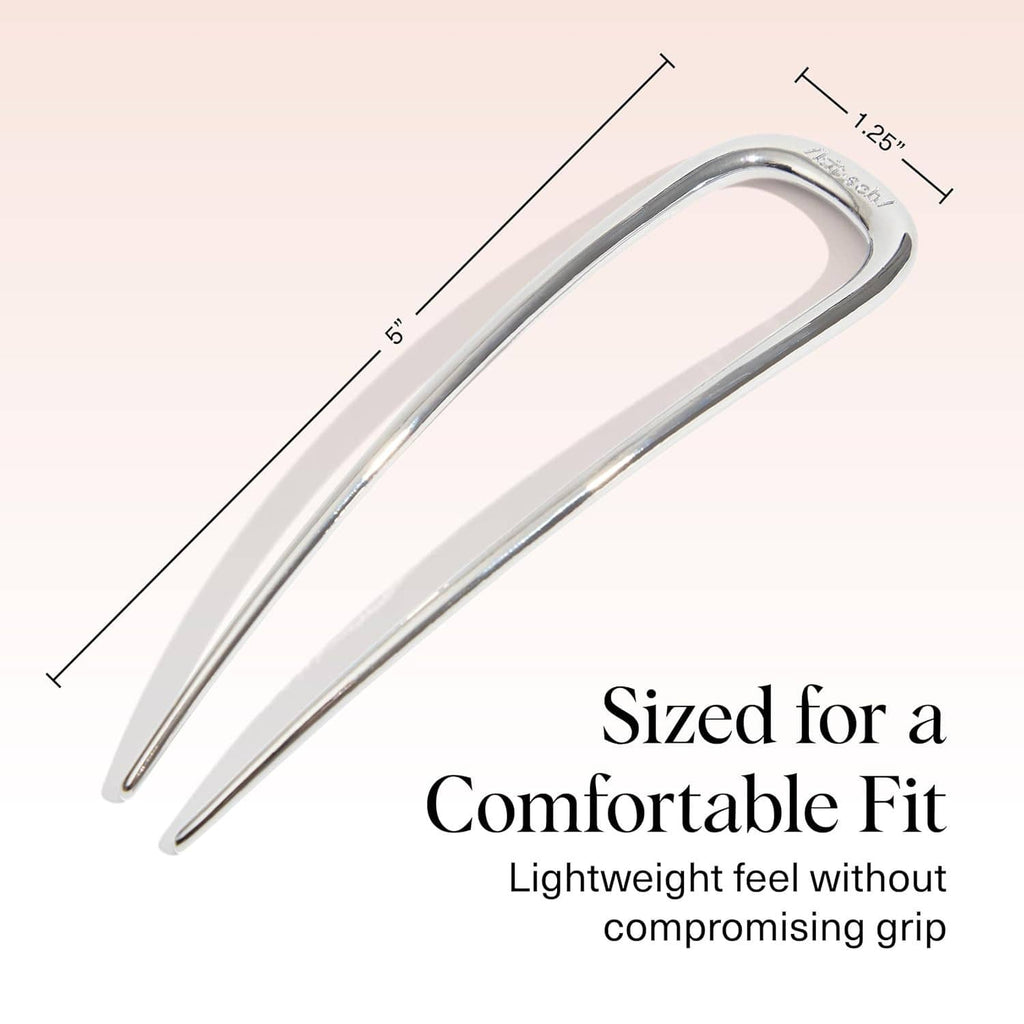 Silver metal French hair pin, U-shaped design shown with dimensions