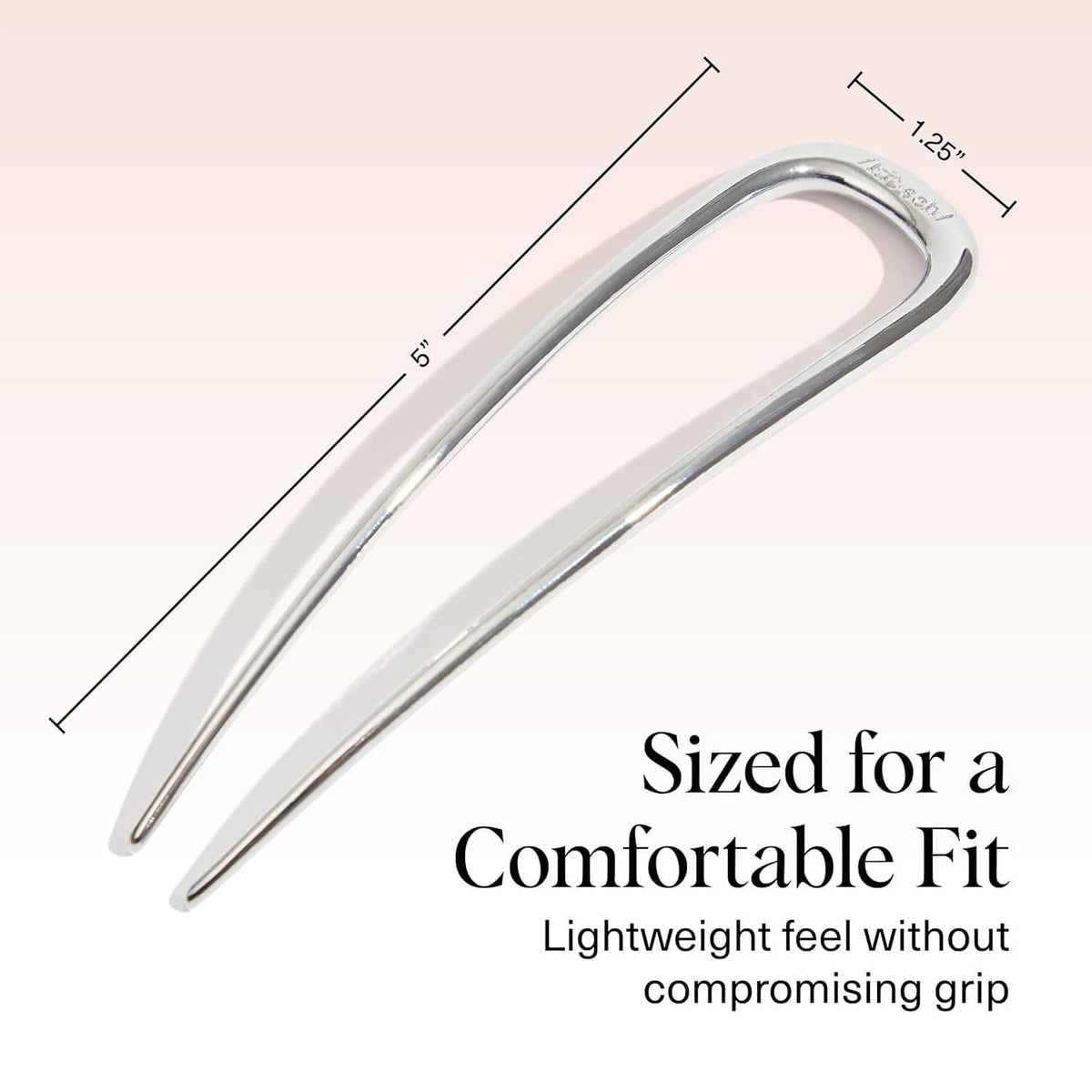 Silver metal French hair pin, U-shaped design shown with dimensions