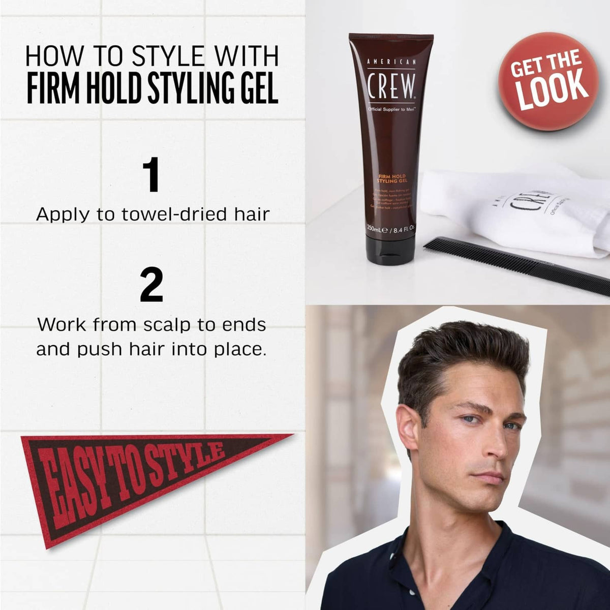 Firm hold styling gel bottle shown with step-by-step hair styling instructions
