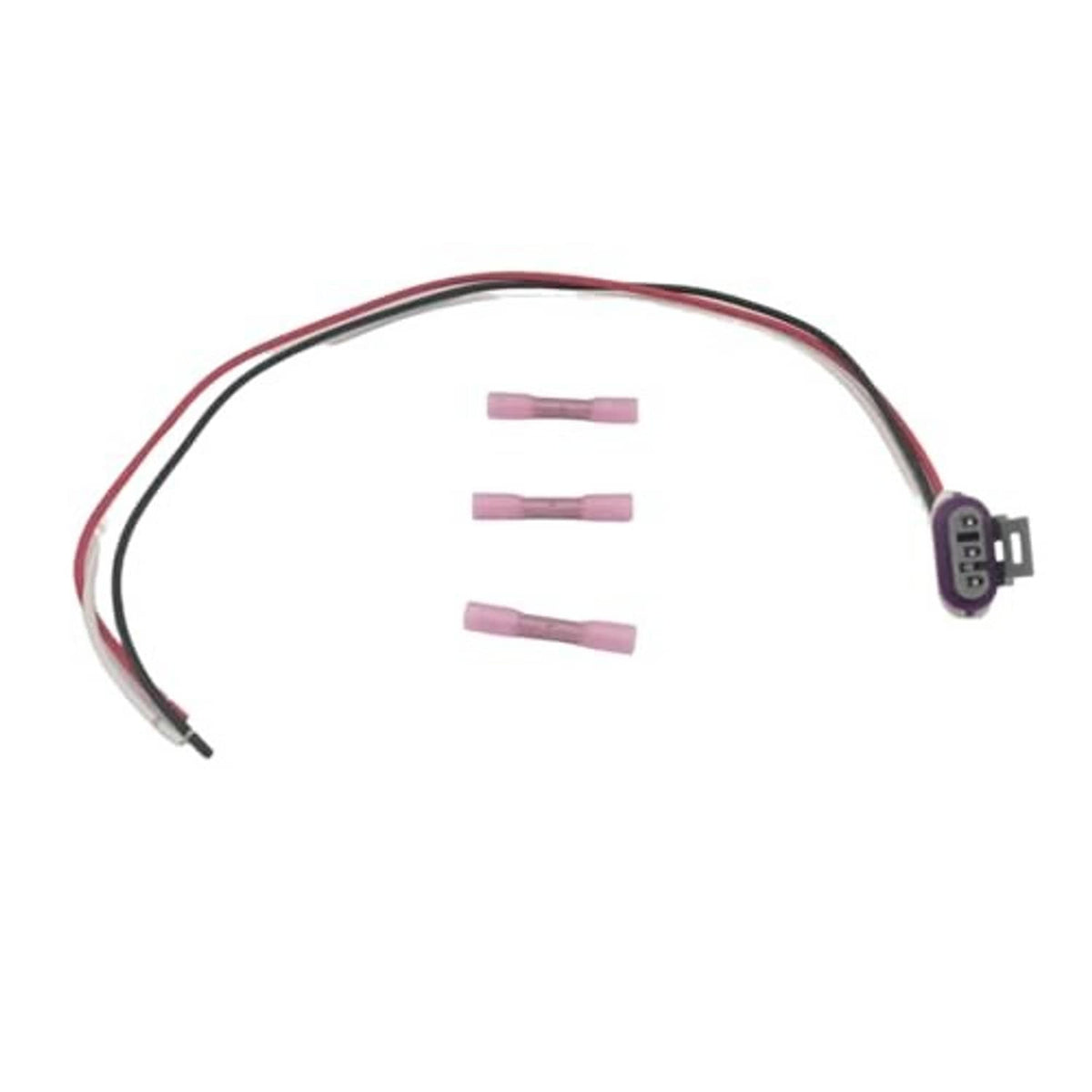Connector end with red and black wire leads and three pink terminal pins