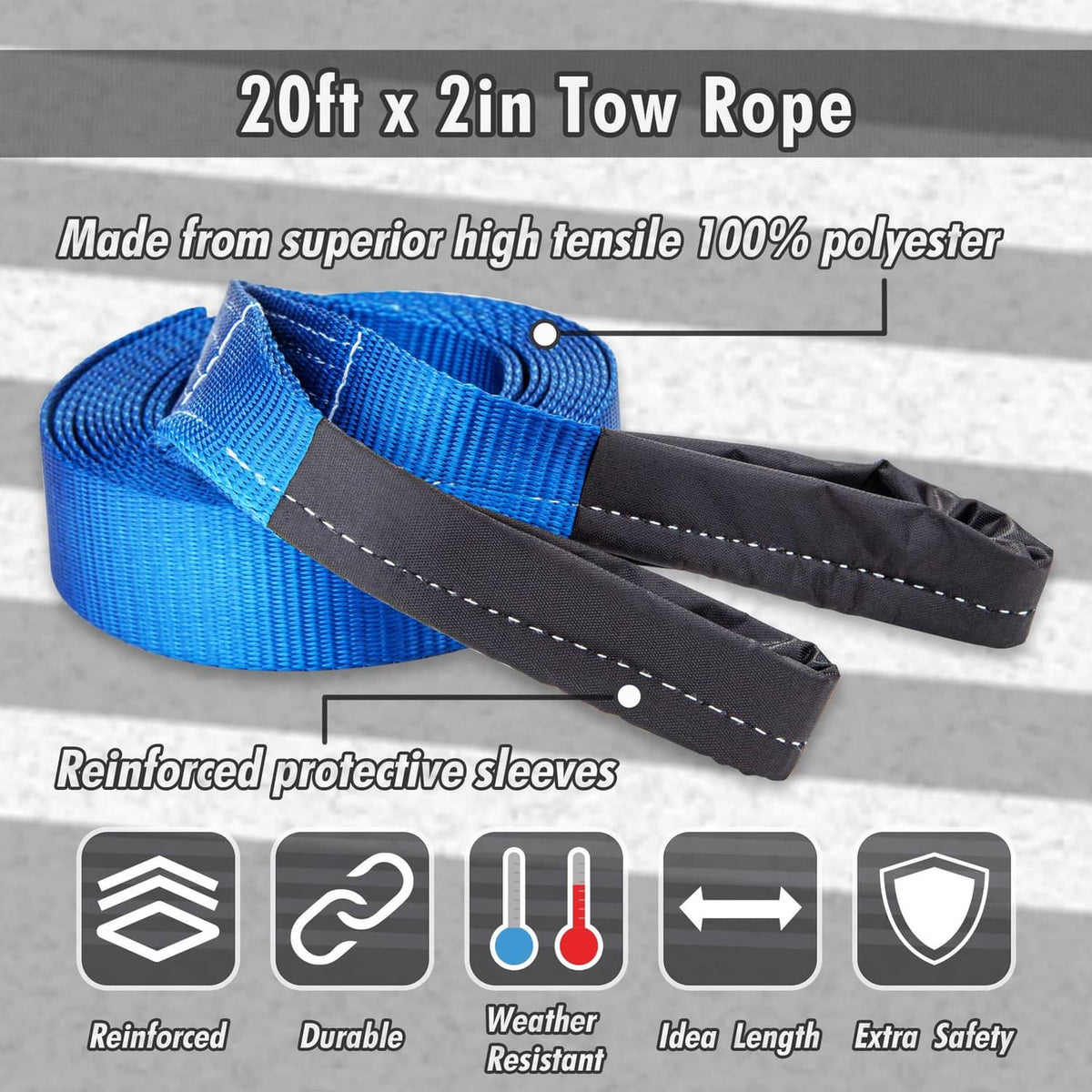 Blue 20 ft tow rope with black reinforced protective sleeves and stitched segments