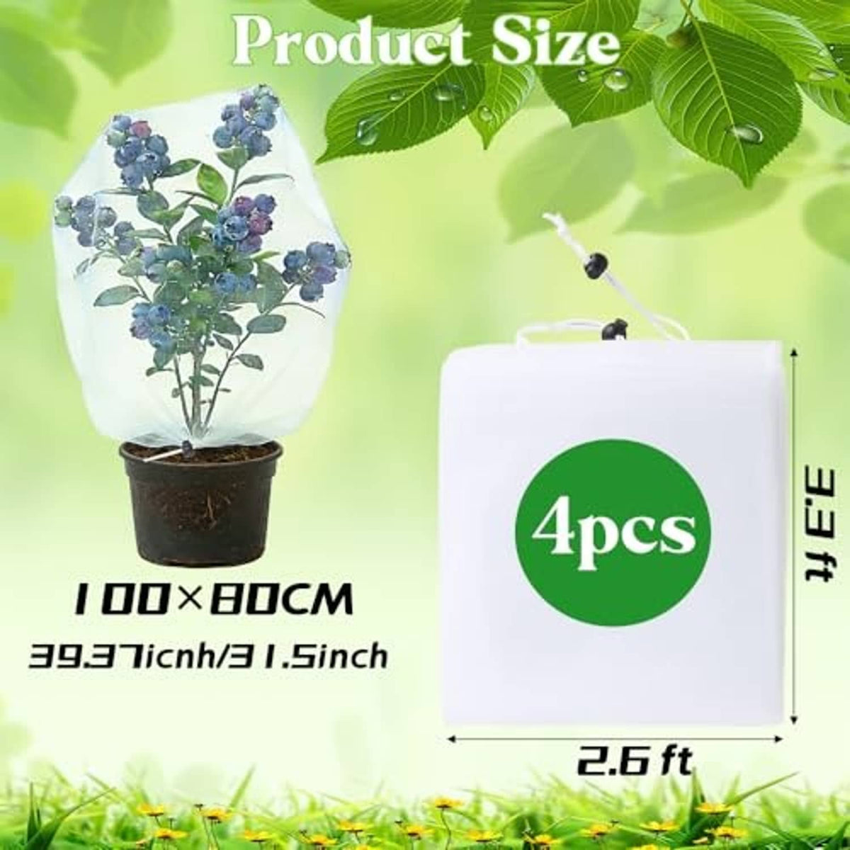 White drawstring garden netting cover pouch for plant protection, shown with pot plant