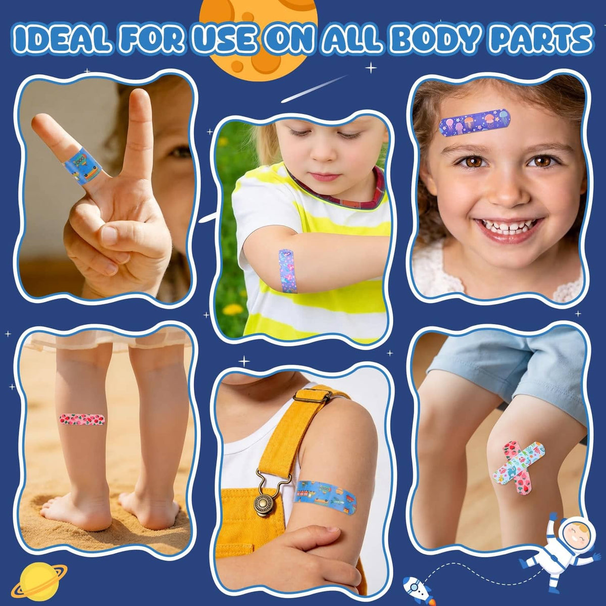 Children wearing small cartoon bandages on hands, legs, arms and cheeks