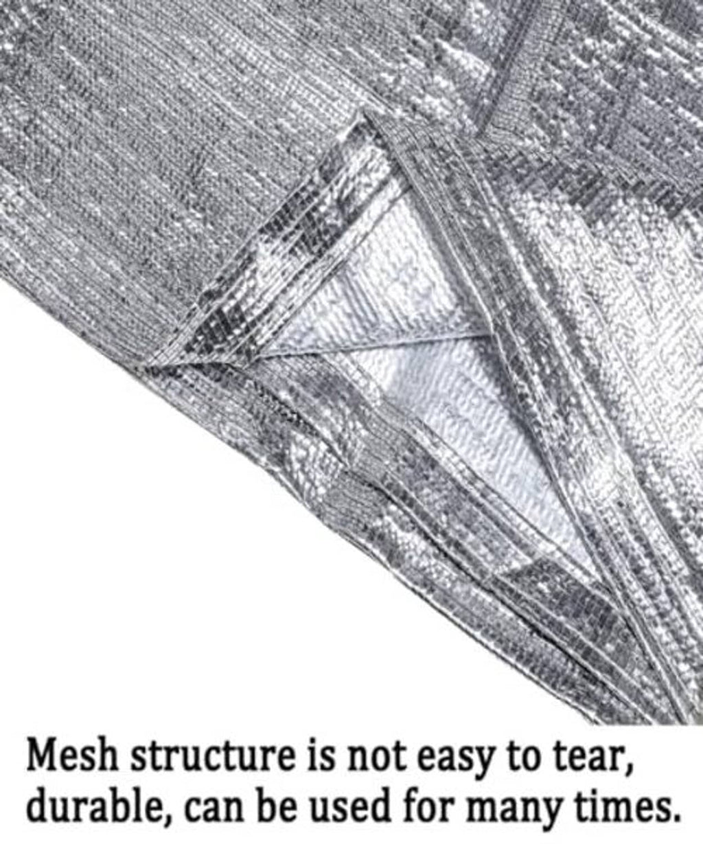 Silver mesh sun shade cloth close-up showing woven texture and reinforced seam lines