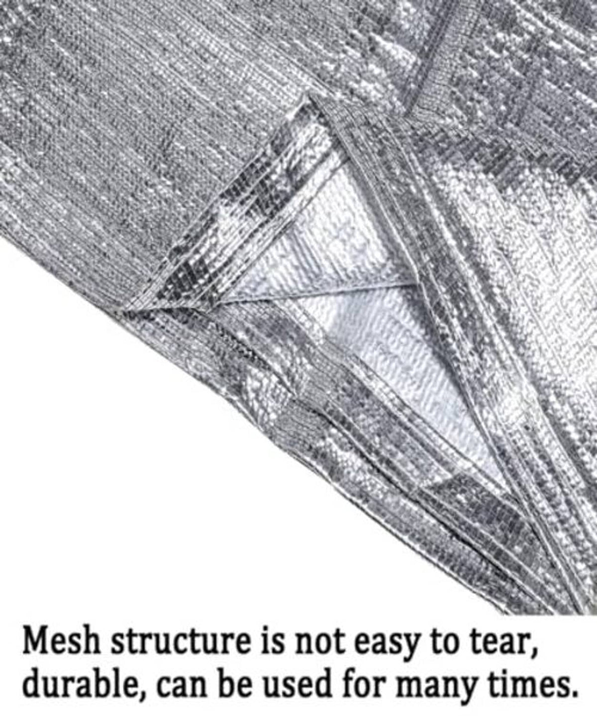 Silver mesh sun shade cloth close-up showing woven texture and reinforced seam lines