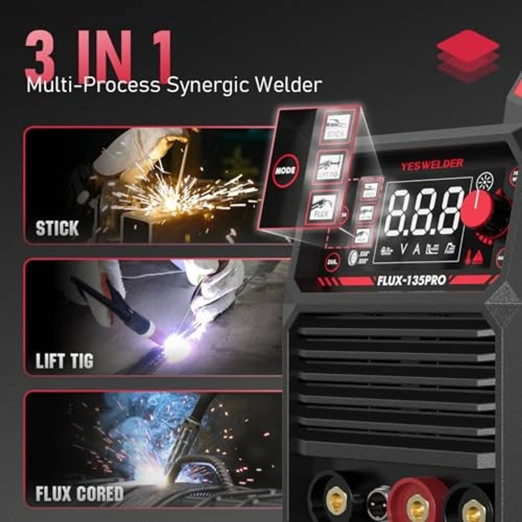 3-in-1 welder control panel with Stick, Lift TIG, and Flux Cored mode icons