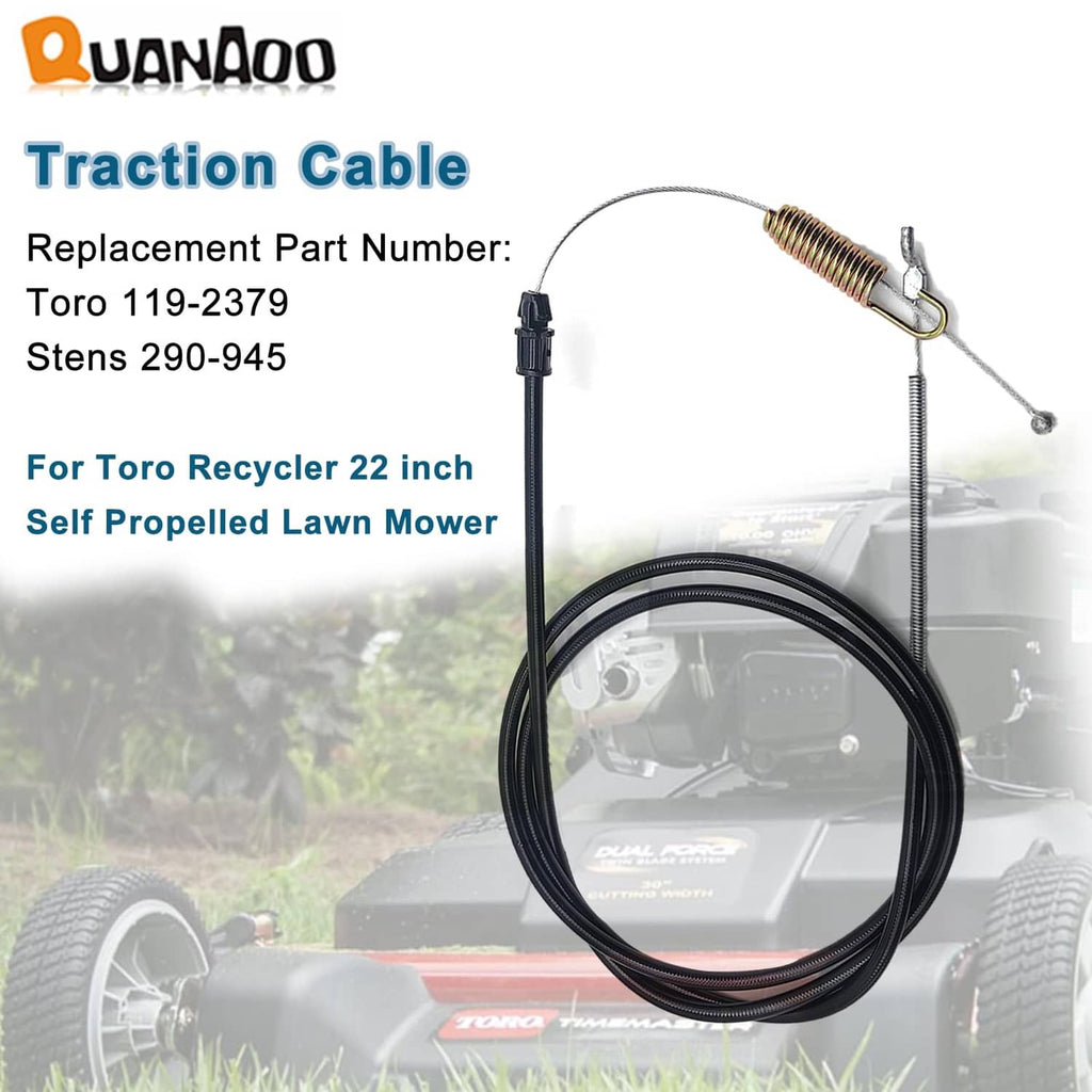 Traction replacement cable with black connector, spring, and pull end; for 22 in recycler mower