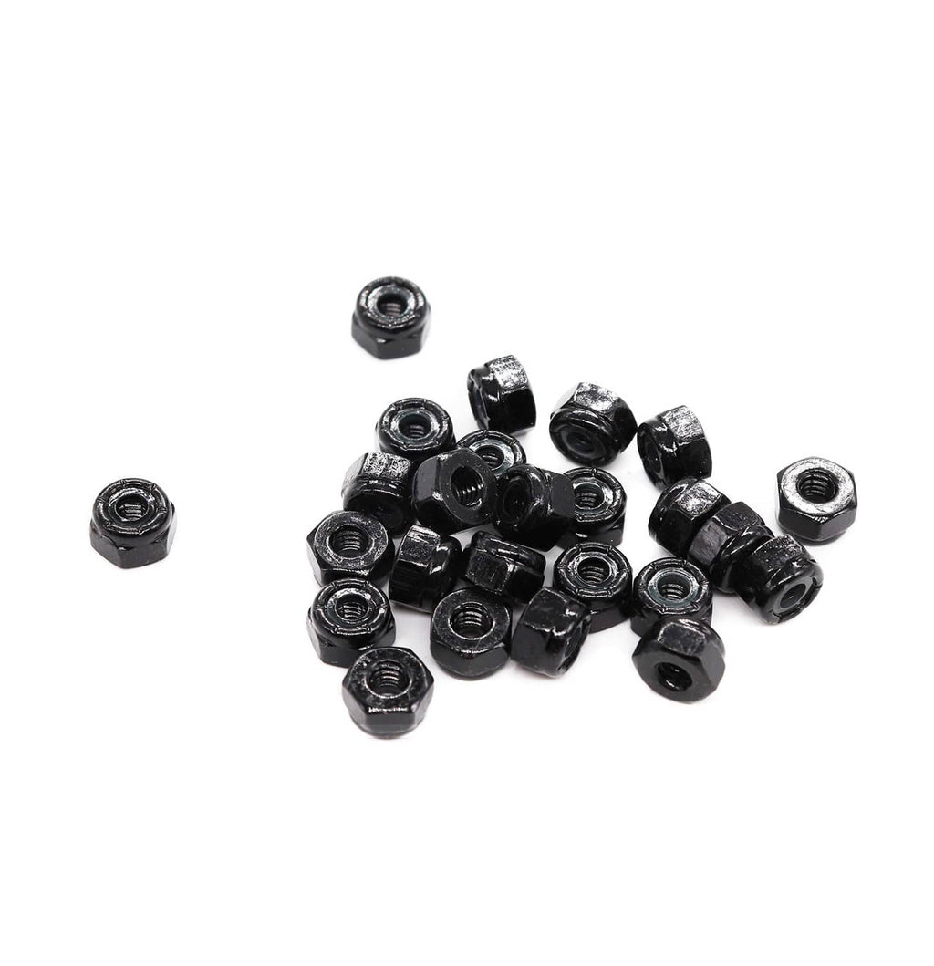 Black nylon insert lock nuts, assorted pile with visible threaded holes