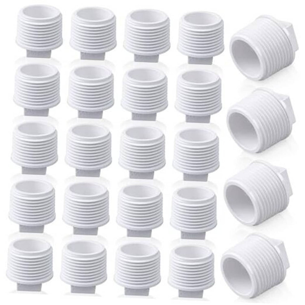 White PVC threaded pipe plug adapter caps, set of multiple pieces